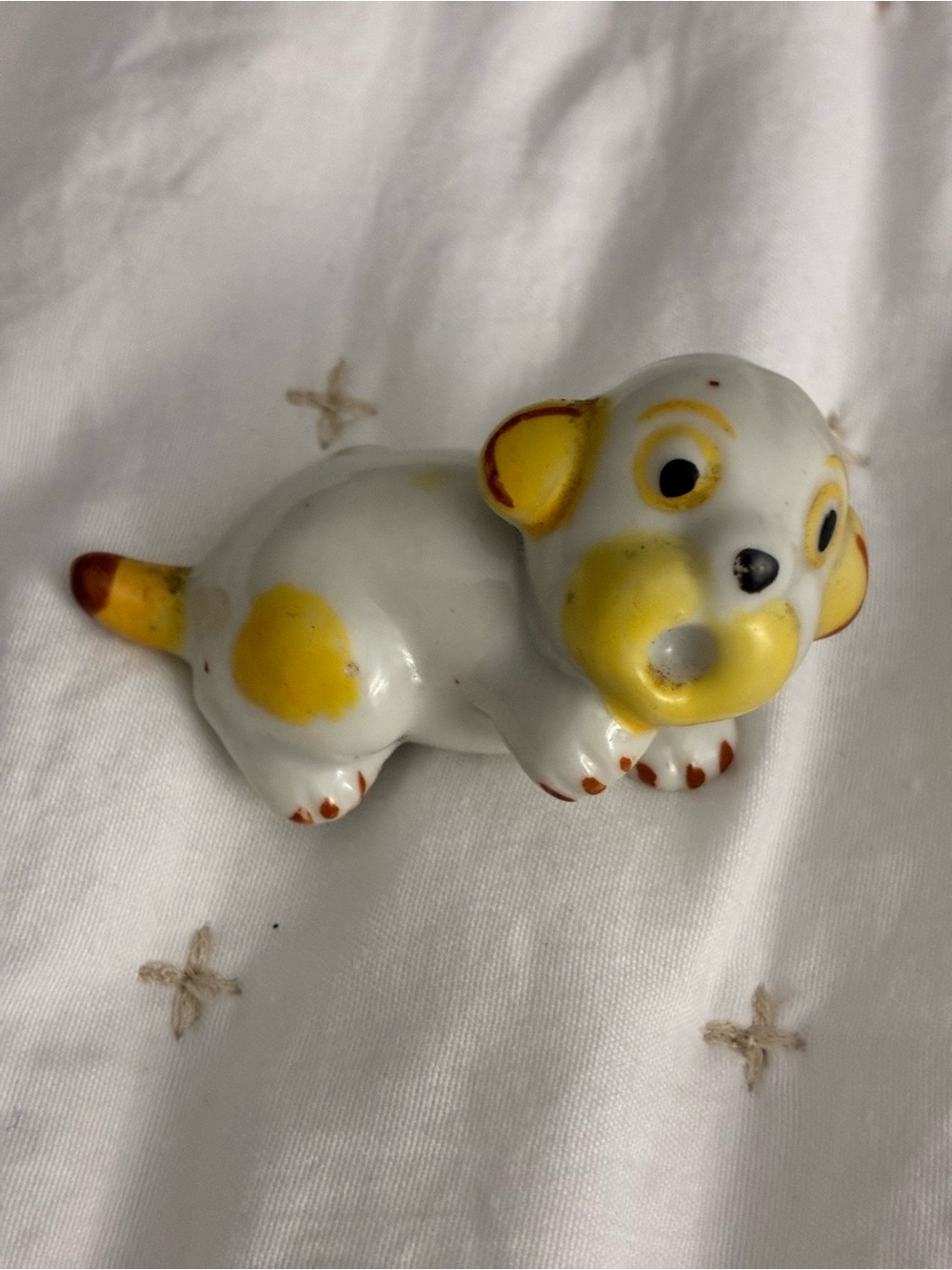 White and Yellow Ceramic Puppy Figurine - made in Japan